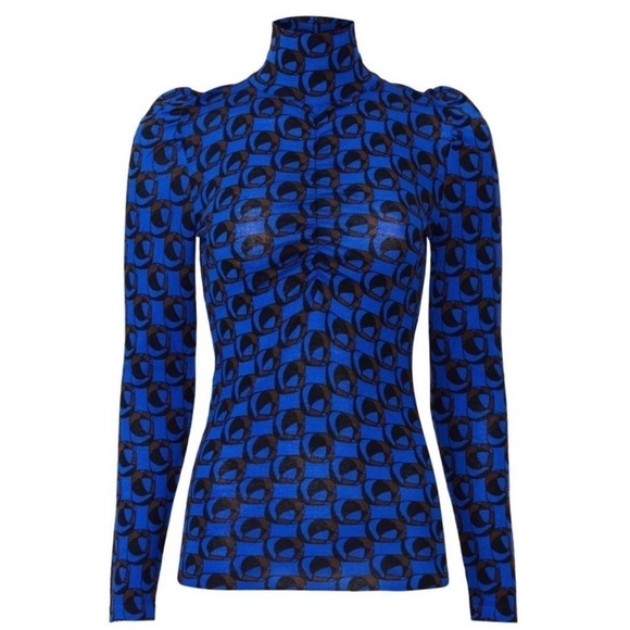 DVF Merino Wool Mod 60s Geo Print Puff Long Sleeve Ruched Turtleneck Sweater M - Picture 12 of 14